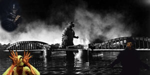 Monstruos mas terroríficos del cine del terror. Imagen con los monstruos: Godzilla, Alien, El creeper de Jeepers Creepers y el hombre palido de El laberinto del fauno.
