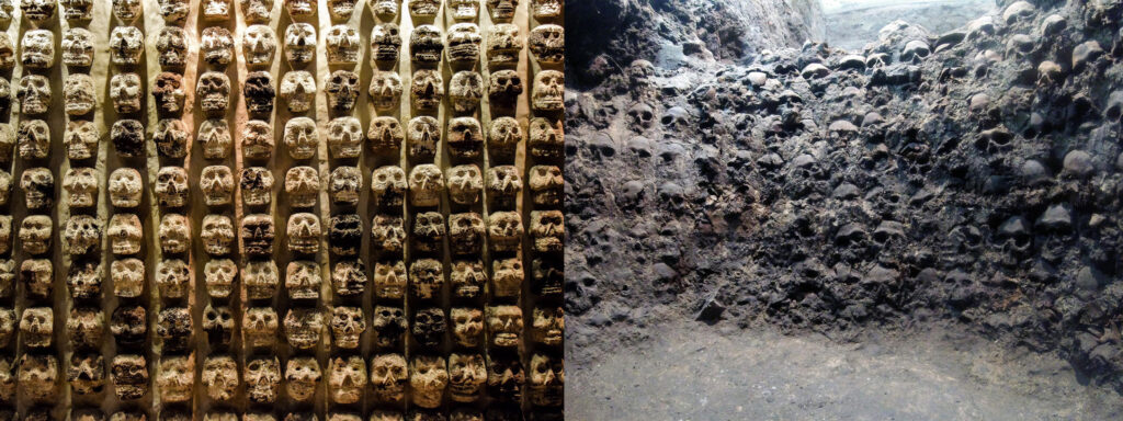  Tzompantli azteca(un muro de cráneos o muro fantasma) Antecedente del Altar de calaveras de el Día de Muertos.