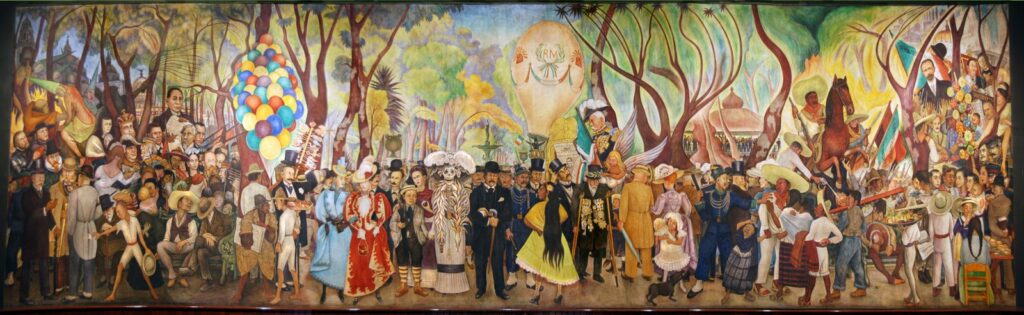  Mural Sueño de una tarde dominical en la Alameda Central.  En él están retratados con la catrina, José Guadalupe Posada, Diego Rivera de niños y Frida Kahlo.