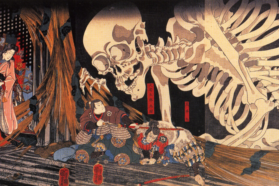 Mitsukuni desafiando al esqueleto espectro invocado por la princesa Takiyasha (película)