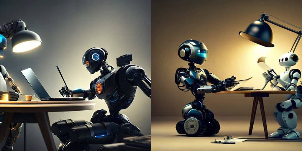 robots escribiendo en un cuaderno y en un ordenador