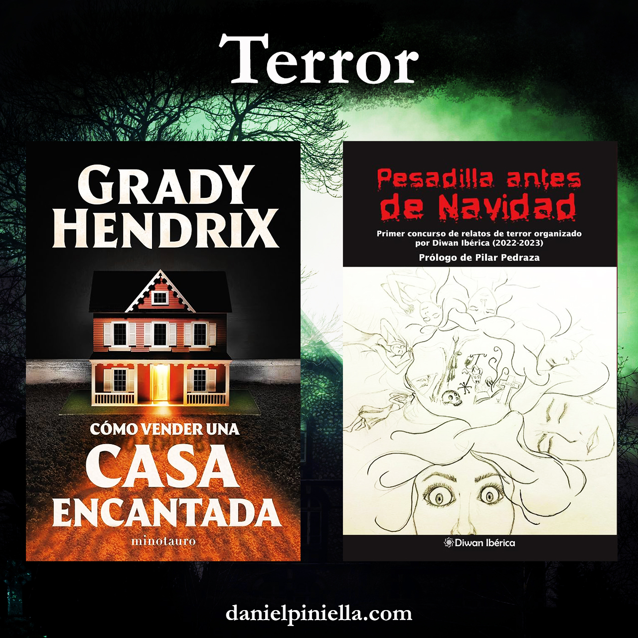 Reseñas de libros de terror: Pesadilla antes de Navidad, ¿Cómo vender una casa encantada? de Grady Hendrix, Cadáver exquisito de Agustina Bazterrica, Los nuevos mitos de Cthulhu de Marc Barqué o Uzumaki de Junji Ito.